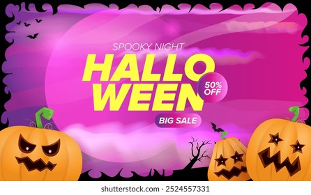 Halloween big sale banner with  funky scary pumpkins, castle, graveyard on night spooky background. Halloween sale poster design template