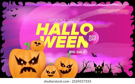 Halloween big sale banner with  funky scary pumpkins, castle, graveyard on night spooky background. Halloween sale poster design template