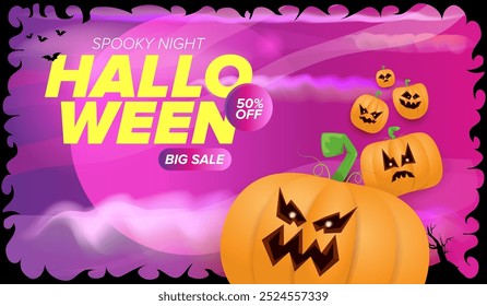 Anuncio de venta grande de Halloween con calabazas de miedo funky, castillo, cementerio en el fondo espeluznante de la noche. Plantilla de diseño de póster de venta de Halloween