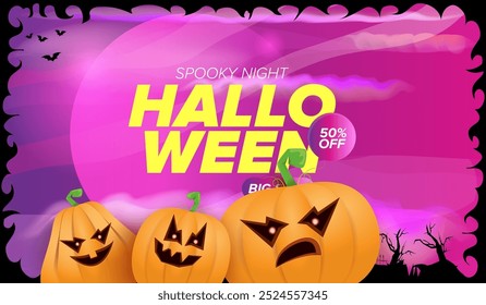 Halloween big sale banner with  funky scary pumpkins, castle, graveyard on night spooky background. Halloween sale poster design template