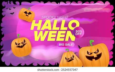 Halloween big sale banner with  funky scary pumpkins, castle, graveyard on night spooky background. Halloween sale poster design template