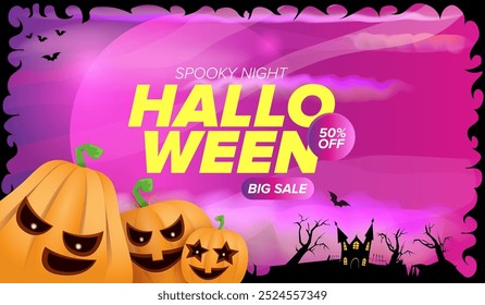 Anuncio de venta grande de Halloween con calabazas de miedo funky, castillo, cementerio en el fondo espeluznante de la noche. Plantilla de diseño de póster de venta de Halloween