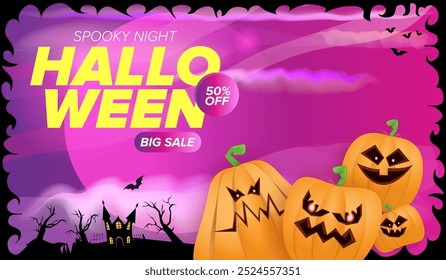 Halloween big sale banner with  funky scary pumpkins, castle, graveyard on night spooky background. Halloween sale poster design template