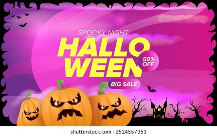 Halloween big sale banner with  funky scary pumpkins, castle, graveyard on night spooky background. Halloween sale poster design template