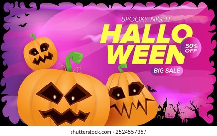 Anuncio de venta grande de Halloween con calabazas de miedo funky, castillo, cementerio en el fondo espeluznante de la noche. Plantilla de diseño de póster de venta de Halloween