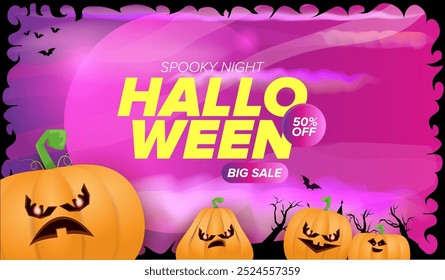 Halloween big sale banner with  funky scary pumpkins, castle, graveyard on night spooky background. Halloween sale poster design template