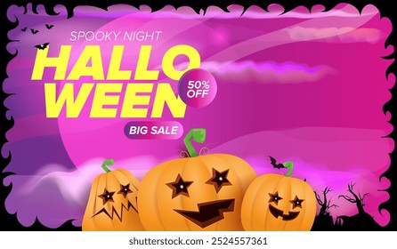 Anuncio de venta grande de Halloween con calabazas de miedo funky, castillo, cementerio en el fondo espeluznante de la noche. Plantilla de diseño de póster de venta de Halloween