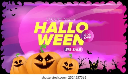 Halloween big sale banner with  funky scary pumpkins, castle, graveyard on night spooky background. Halloween sale poster design template