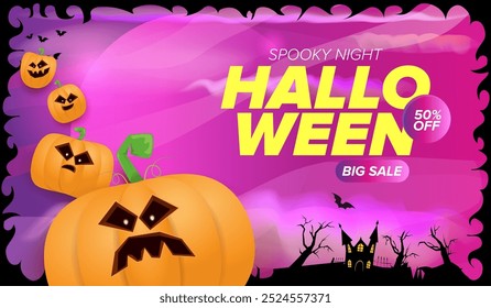 Halloween big sale banner with  funky scary pumpkins, castle, graveyard on night spooky background. Halloween sale poster design template