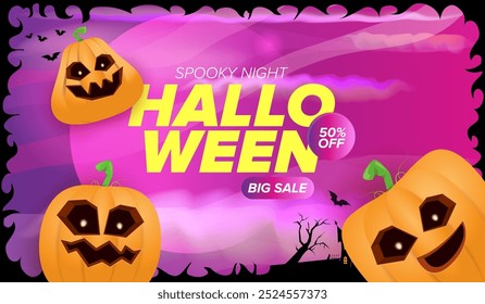 Anuncio de venta grande de Halloween con calabazas de miedo funky, castillo, cementerio en el fondo espeluznante de la noche. Plantilla de diseño de póster de venta de Halloween