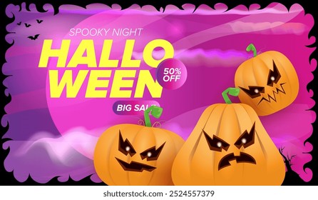 Halloween big sale banner with  funky scary pumpkins, castle, graveyard on night spooky background. Halloween sale poster design template