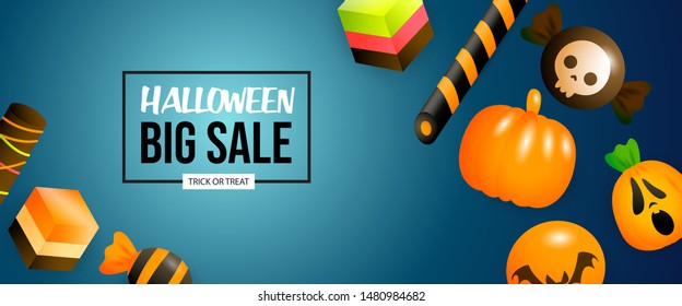 Halloween Big Sale banner with sweets and pumpkins on blue background. Lettering can be used for posters, leaflets, flyers