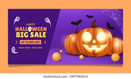 Halloween big sale banner template is suitable for flyers and banners with pumpkin and bat design elements. EPS 10 vector illustration
