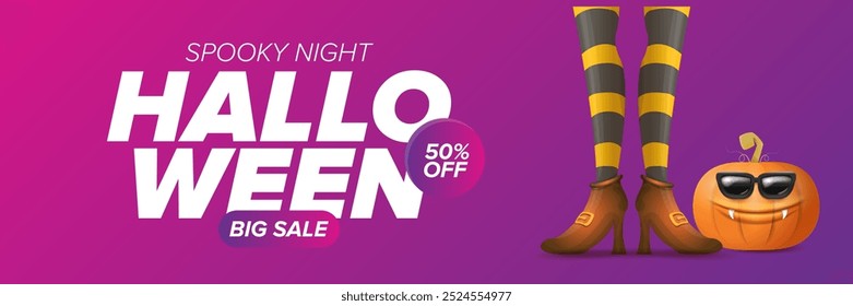 Halloween big sale banner with witch legs and funky pumpkin with sunglasses on night spooky background. Halloween sape poster design template