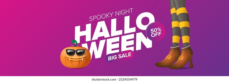Halloween big sale banner with witch legs and funky pumpkin with sunglasses on night spooky background. Halloween sape poster design template