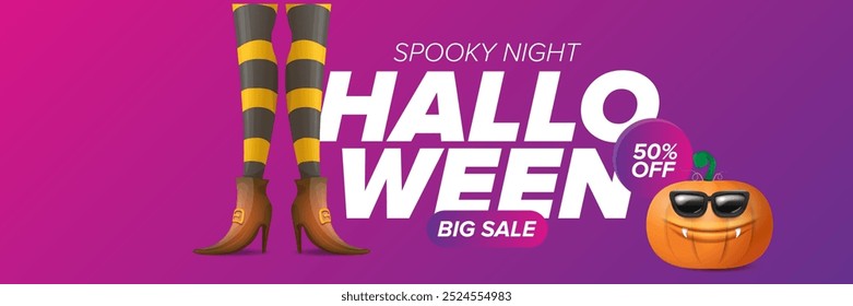 Halloween big sale banner with witch legs and funky pumpkin with sunglasses on night spooky background. Halloween sape poster design template