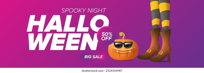 Halloween big sale banner with witch legs and funky pumpkin with sunglasses on night spooky background. Halloween sape poster design template