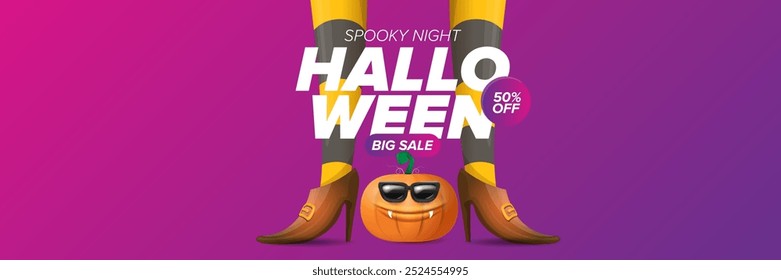 Halloween big sale banner with witch legs and funky pumpkin with sunglasses on night spooky background. Halloween sape poster design template