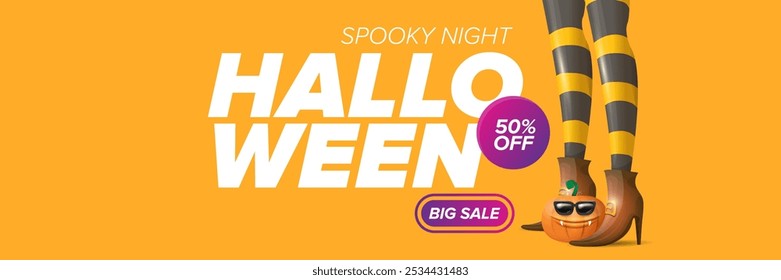 Halloween big sale banner with witch legs and funky pumpkin with sunglasses on happy orange background. Halloween sale poster design template