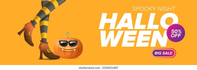 Halloween big sale banner with witch legs and funky pumpkin with sunglasses on happy orange background. Halloween sale poster design template