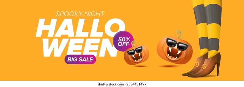Halloween big sale banner with witch legs and funky pumpkin with sunglasses on happy orange background. Halloween sale poster design template