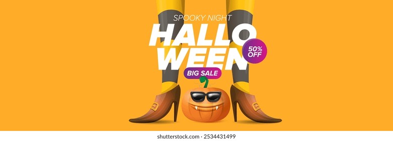 Halloween big sale banner with witch legs and funky pumpkin with sunglasses on happy orange background. Halloween sale poster design template