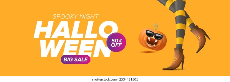 Halloween big sale banner with witch legs and funky pumpkin with sunglasses on happy orange background. Halloween sale poster design template