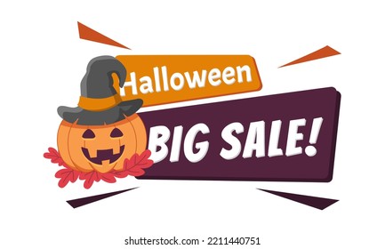 Halloween Big Sale Discount With Pumpkin and Witch Hat Promo. Discount offer price sign. Special offer symbol. Discount tag badge Vector Illustration. Perfect design for shop and sale banners