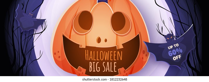 Halloween Big Sale Header or Banner Design with 60% Discount Offer, Spooky Pumpkin and Bats Flying on Full Moon Blue Forest Background.