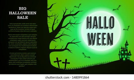 Halloween, Big Sale lettering with graveyard and moon. Invitation or advertising design. Typed text, calligraphy. For leaflets, brochures, invitations, posters or banners.