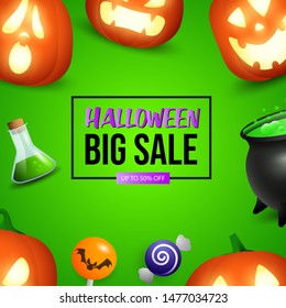 Halloween Big Sale lettering with pumpkin lanterns. Invitation or advertising design. Typed text, calligraphy. For leaflets, brochures, invitations, posters or banners.