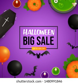 Halloween Big Sale lettering with pumpkins and cauldron. Invitation or advertising design. Typed text, calligraphy. For leaflets, brochures, invitations, posters or banners.