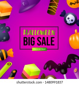 Halloween Big Sale lettering with sweets. Invitation or advertising design. Typed text, calligraphy. For leaflets, brochures, invitations, posters or banners.