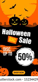 Halloween Big Sale Portrait Background with Pumpkin, Full Moon, and Bats Vector for Banner, Poster, Flyer and Card