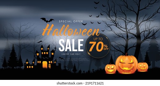 Halloween big sale poster with haunted castle and full moon. Halloween background. Vector illustration.