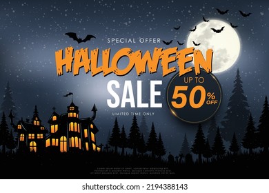 Halloween big sale poster with haunted castle and full moon. Halloween background. Vector illustration.