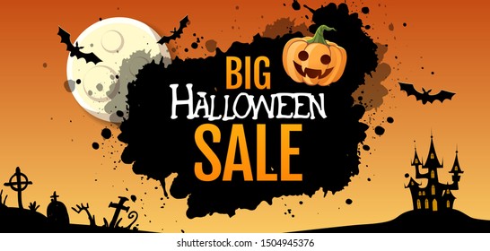 Halloween big sale poster with jack o lantern pumpkin and full moon. Halloween background