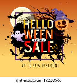 Halloween big sale poster with jack o lantern pumpkin and full moon. Halloween background