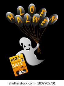 Halloween Big Sale vector banner with holiday symbols pumpkin, ghost, spiders, web. For offer, coupon, discount.