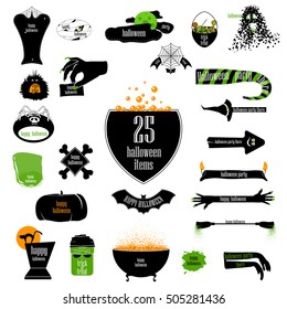 Halloween big set of badges with bat, scary hands, mummy, sweats in basket, monsters,  kettle, pumpkin, broom, bones, spider's skeleton etc. Vector backgrounds, infographic ribbons and arrows