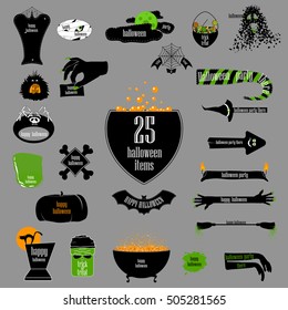Halloween big set of badges with bat, scary hands, mummy, sweats in basket, monsters,  kettle, pumpkin, broom, bones, spider's skeleton etc. Vector backgrounds, infographic ribbons and arrows