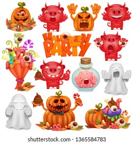 Halloween big set of cartoon characters ghost devil pumpkin. Vector collection