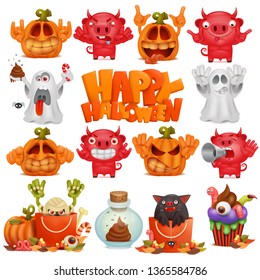 Halloween big set of cartoon characters ghost devil pumpkin. Vector collection