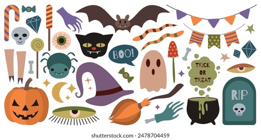 Halloween big set. Cauldron, ghost, skull, grave, sweets, pumpkin, flags and other holiday elements. Isolated vector illustration