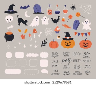 Halloween big set of elements and  quotes, ghosts, bat, tombstone, coffin, skull, candy, potion, bat, witch pot, black cat, bone, spider web, moon, cake etc. Cartoon flat style. Vector illustration