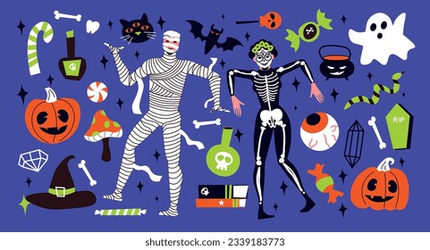 Halloween big set of flat icons with skeleton mummy jack o lanterns ghosts sweets bat witch hat isolated on blue background vector illustration