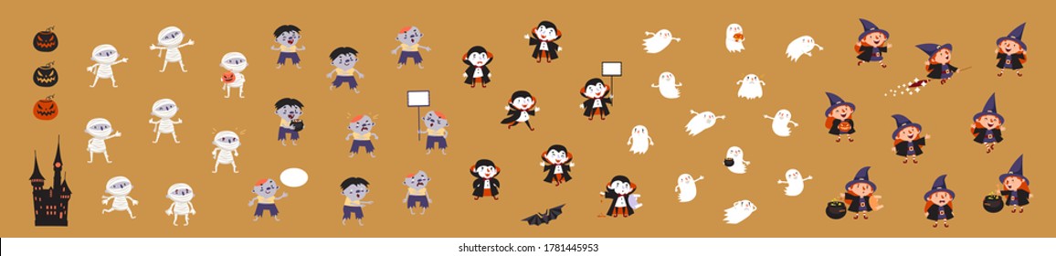 Halloween big set of holiday characters, witches, ghosts, zombies, vampires, mummies, bat, pumpkins, medieval castle, isolated vector elements for Halloween design
