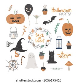 Halloween big set with kitty character, bat, sweets, various holiday symbols. Hand drawn vector elements for creative design, printable decor, card, banner.