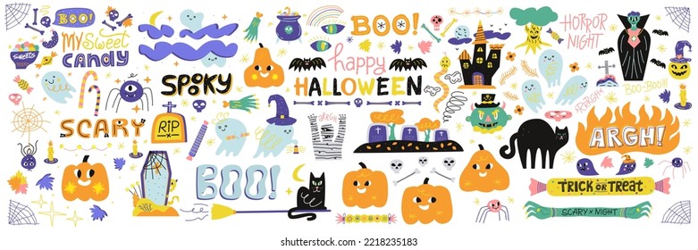 Halloween. Gran conjunto de elementos de temporada. Calabazas alegres, murciélagos aterradores, vampiros espeluznantes, gatos espeluznantes, fantasmas misteriosos. Celebración del otoño. Dulces, cráneos, arañas. Montón de clipart para la fiesta.