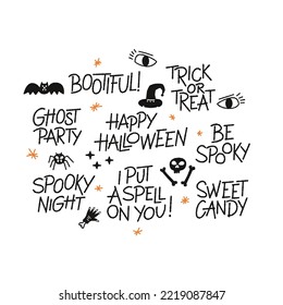 Halloween. Big set of seasonal elements and lettering. Spooky phrases, autumn celebration. Bat, hat, spider, skull and bones. Happy Halloween wishes.